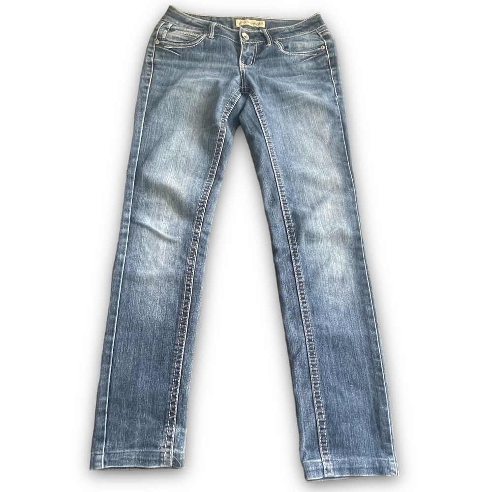 Y2K Paris Blues Med/Dark wash Low-rise Flap Pocket Skinny Jeans Juniors Size 1